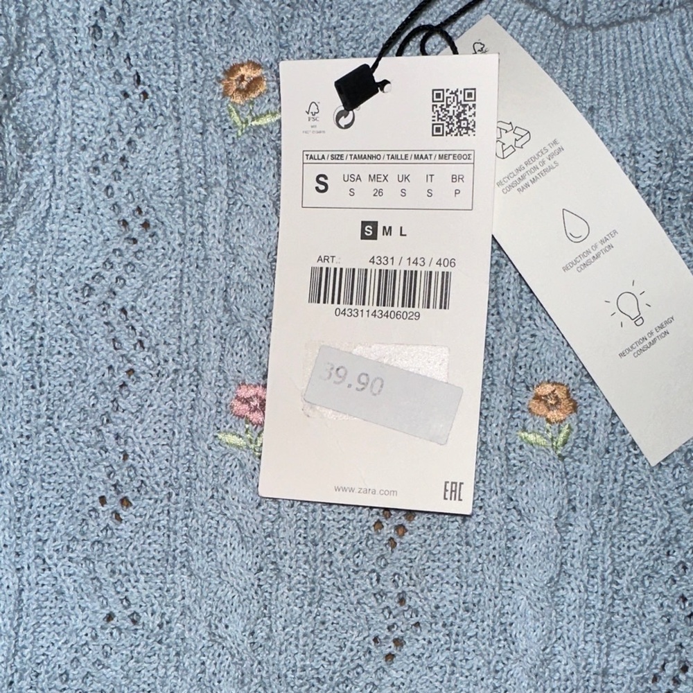 Zara Pastel Blue Knit Top with Floral Accents - Picture 4 of 11